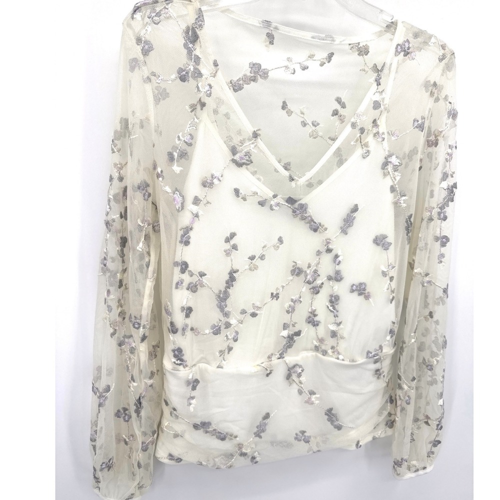 White House Black Market Womens Embroidered Mesh Blouse Small White Floral Sheer - Picture 2 of 9
